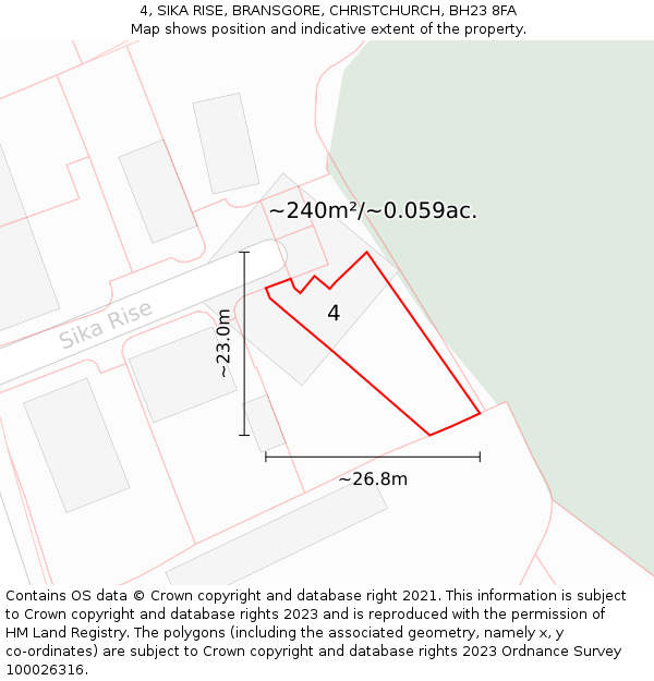 4, SIKA RISE, BRANSGORE, CHRISTCHURCH, BH23 8FA: Plot and title map