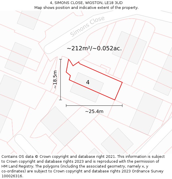 4, SIMONS CLOSE, WIGSTON, LE18 3UD: Plot and title map
