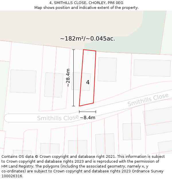 4, SMITHILLS CLOSE, CHORLEY, PR6 0EG: Plot and title map