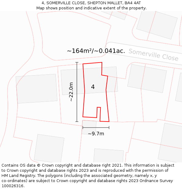 4, SOMERVILLE CLOSE, SHEPTON MALLET, BA4 4AT: Plot and title map
