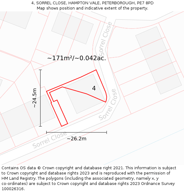 4, SORREL CLOSE, HAMPTON VALE, PETERBOROUGH, PE7 8PD: Plot and title map