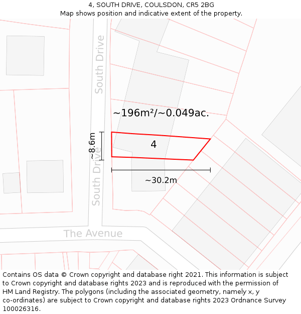 4, SOUTH DRIVE, COULSDON, CR5 2BG: Plot and title map