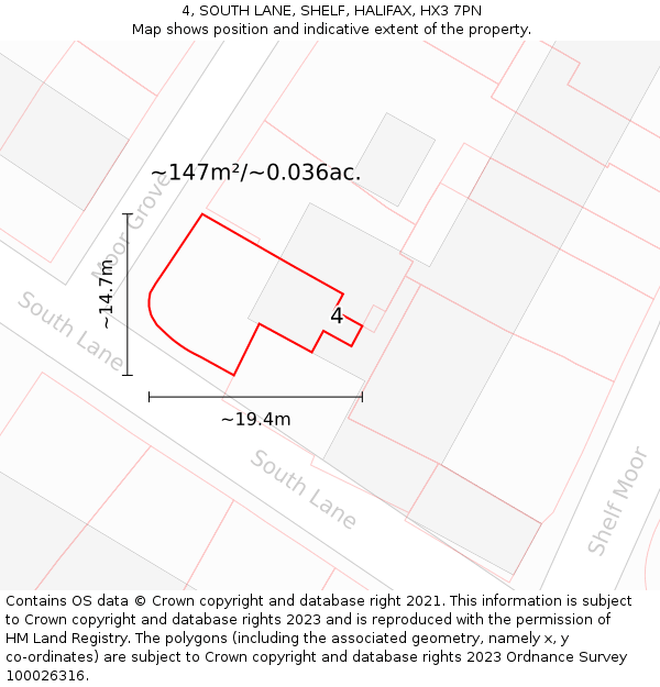 4, SOUTH LANE, SHELF, HALIFAX, HX3 7PN: Plot and title map