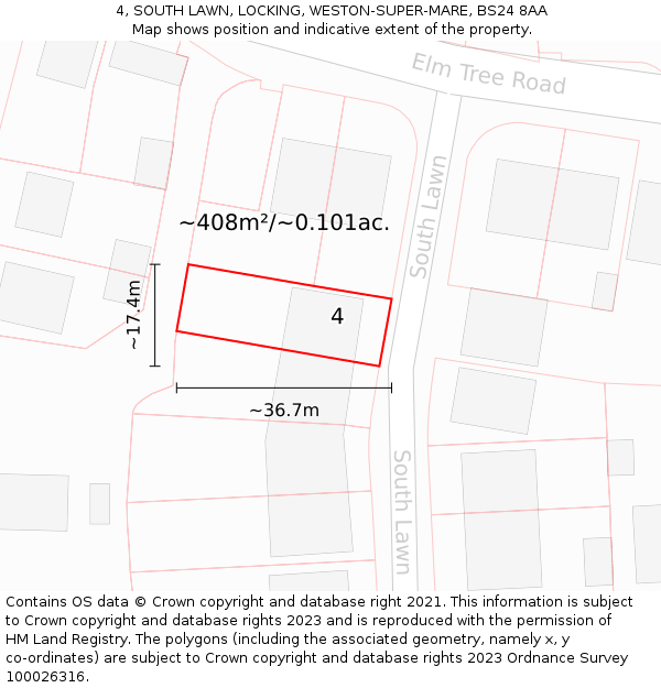 4, SOUTH LAWN, LOCKING, WESTON-SUPER-MARE, BS24 8AA: Plot and title map