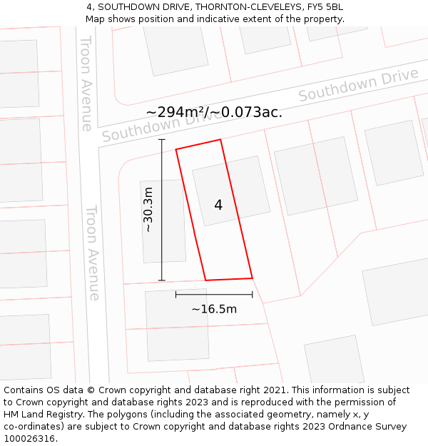 4, SOUTHDOWN DRIVE, THORNTON-CLEVELEYS, FY5 5BL: Plot and title map