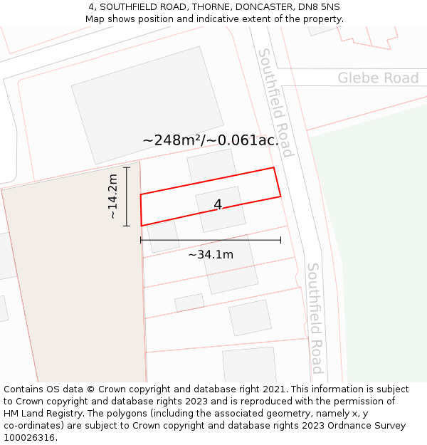 4, SOUTHFIELD ROAD, THORNE, DONCASTER, DN8 5NS: Plot and title map