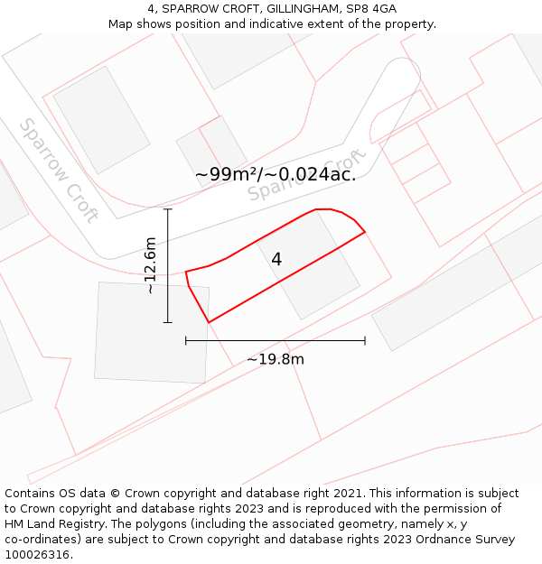 4, SPARROW CROFT, GILLINGHAM, SP8 4GA: Plot and title map