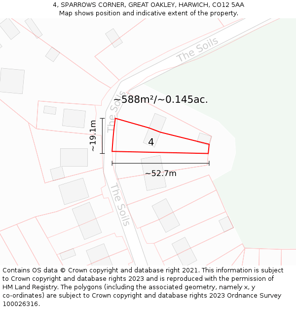 4, SPARROWS CORNER, GREAT OAKLEY, HARWICH, CO12 5AA: Plot and title map