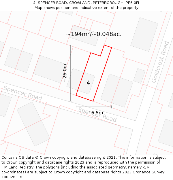 4, SPENCER ROAD, CROWLAND, PETERBOROUGH, PE6 0FL: Plot and title map