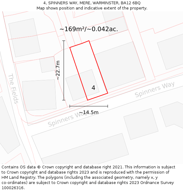 4, SPINNERS WAY, MERE, WARMINSTER, BA12 6BQ: Plot and title map