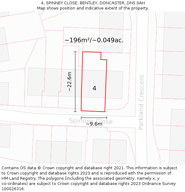4, SPINNEY CLOSE, BENTLEY, DONCASTER, DN5 0AH: Plot and title map