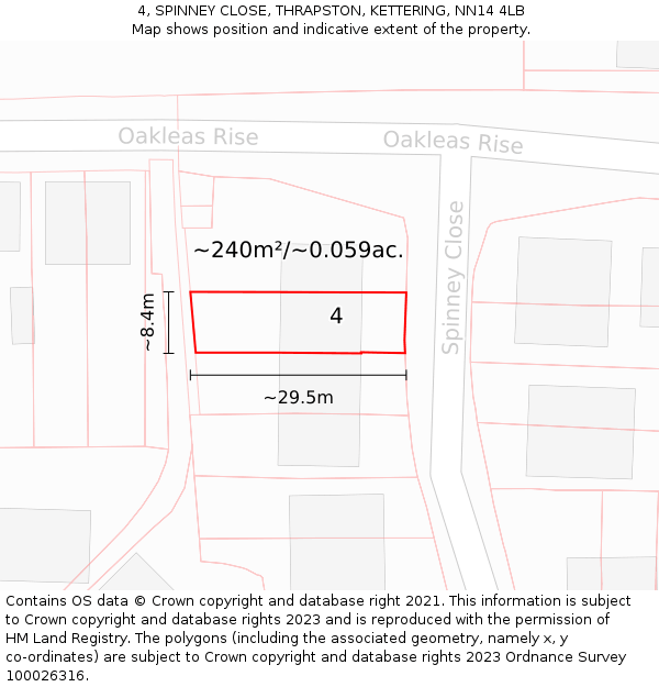 4, SPINNEY CLOSE, THRAPSTON, KETTERING, NN14 4LB: Plot and title map
