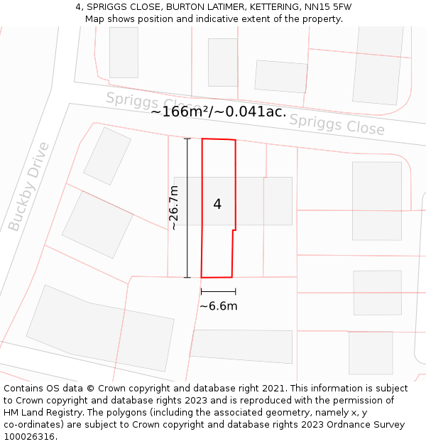 4, SPRIGGS CLOSE, BURTON LATIMER, KETTERING, NN15 5FW: Plot and title map