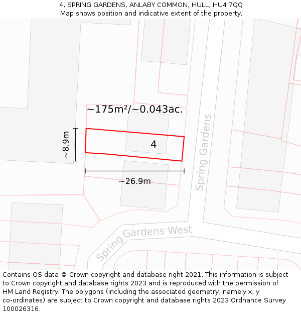 4, SPRING GARDENS, ANLABY COMMON, HULL, HU4 7QQ: Plot and title map