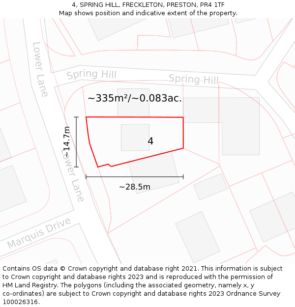 4, SPRING HILL, FRECKLETON, PRESTON, PR4 1TF: Plot and title map