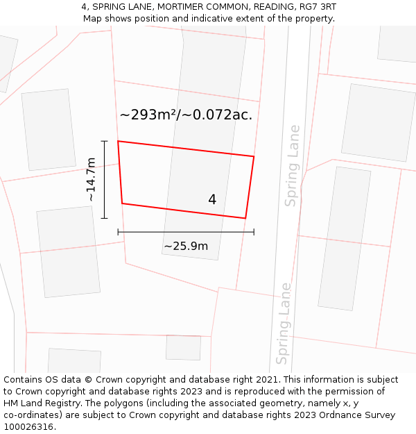 4, SPRING LANE, MORTIMER COMMON, READING, RG7 3RT: Plot and title map