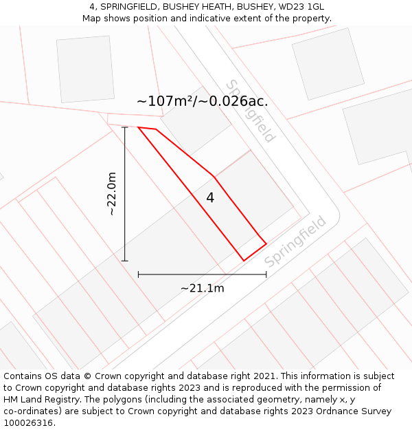 4, SPRINGFIELD, BUSHEY HEATH, BUSHEY, WD23 1GL: Plot and title map