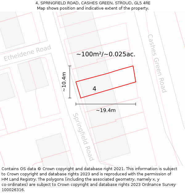 4, SPRINGFIELD ROAD, CASHES GREEN, STROUD, GL5 4RE: Plot and title map