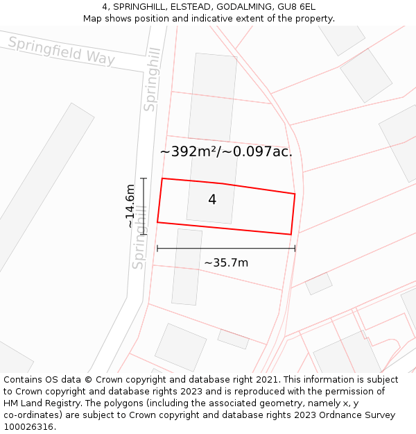 4, SPRINGHILL, ELSTEAD, GODALMING, GU8 6EL: Plot and title map