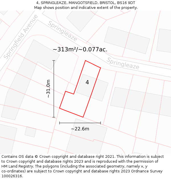 4, SPRINGLEAZE, MANGOTSFIELD, BRISTOL, BS16 9DT: Plot and title map