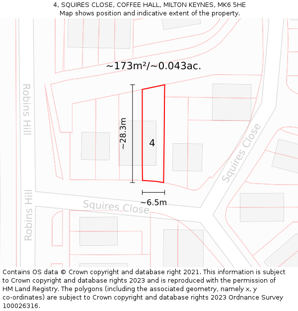 4, SQUIRES CLOSE, COFFEE HALL, MILTON KEYNES, MK6 5HE: Plot and title map