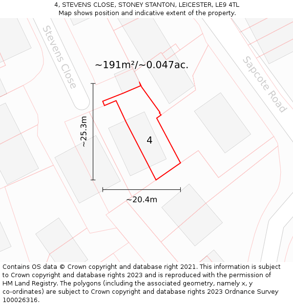 4, STEVENS CLOSE, STONEY STANTON, LEICESTER, LE9 4TL: Plot and title map
