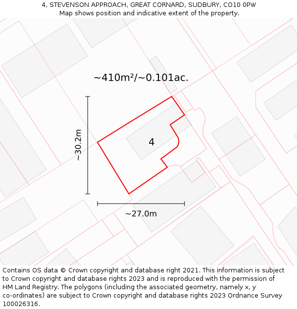 4, STEVENSON APPROACH, GREAT CORNARD, SUDBURY, CO10 0PW: Plot and title map