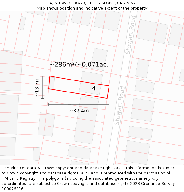 4, STEWART ROAD, CHELMSFORD, CM2 9BA: Plot and title map