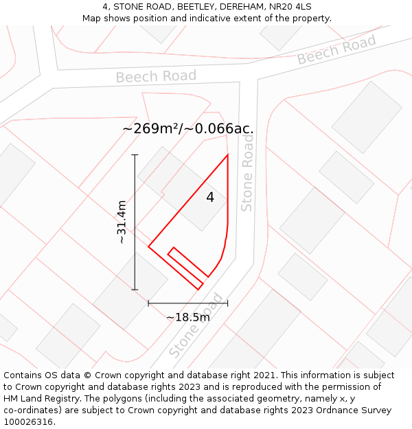 4, STONE ROAD, BEETLEY, DEREHAM, NR20 4LS: Plot and title map