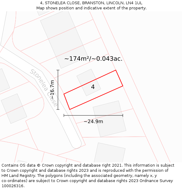4, STONELEA CLOSE, BRANSTON, LINCOLN, LN4 1UL: Plot and title map