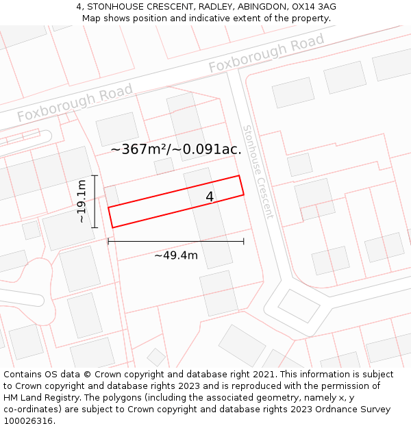4, STONHOUSE CRESCENT, RADLEY, ABINGDON, OX14 3AG: Plot and title map