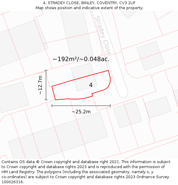4, STRADEY CLOSE, BINLEY, COVENTRY, CV3 2UF: Plot and title map