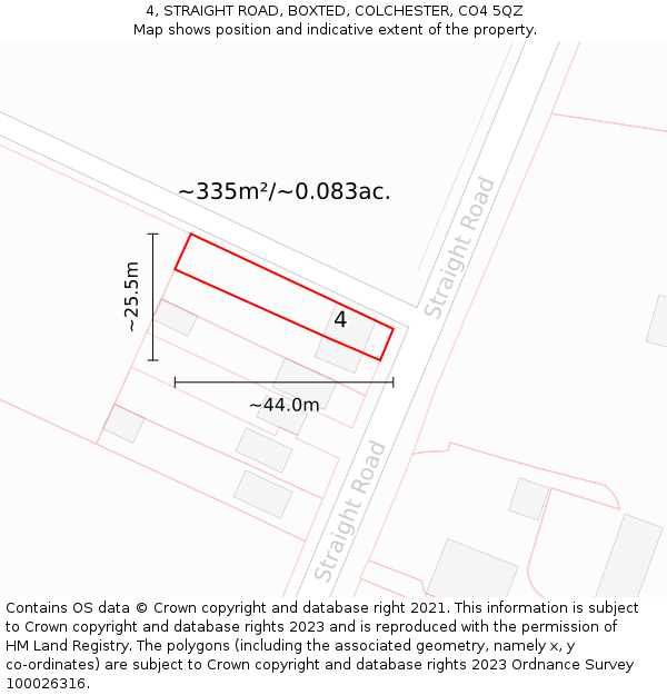 4, STRAIGHT ROAD, BOXTED, COLCHESTER, CO4 5QZ: Plot and title map