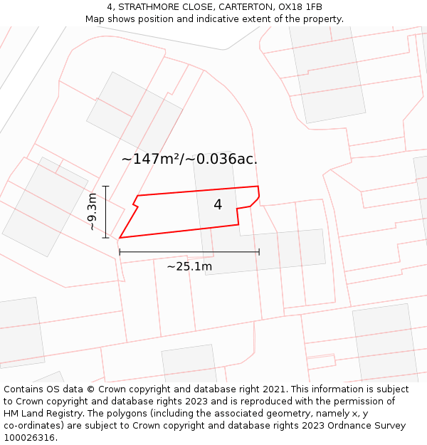 4, STRATHMORE CLOSE, CARTERTON, OX18 1FB: Plot and title map