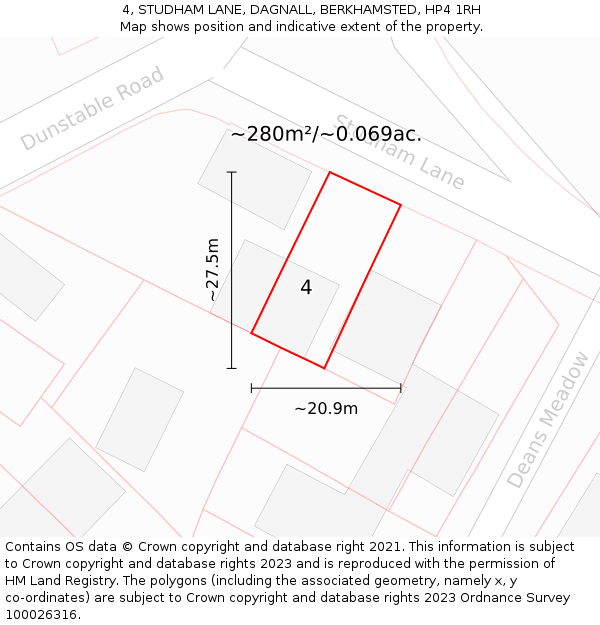 4, STUDHAM LANE, DAGNALL, BERKHAMSTED, HP4 1RH: Plot and title map