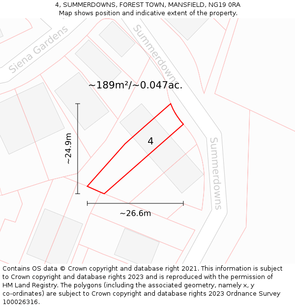 4, SUMMERDOWNS, FOREST TOWN, MANSFIELD, NG19 0RA: Plot and title map