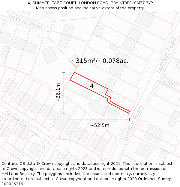 4, SUMMERLEAZE COURT, LONDON ROAD, BRAINTREE, CM77 7YP: Plot and title map