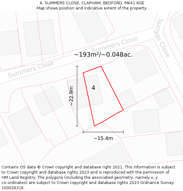 4, SUMMERS CLOSE, CLAPHAM, BEDFORD, MK41 6GE: Plot and title map