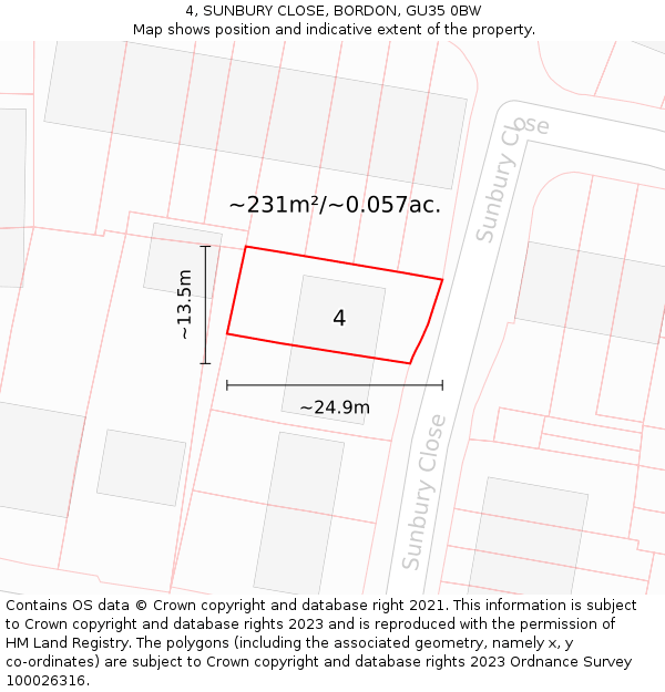 4, SUNBURY CLOSE, BORDON, GU35 0BW: Plot and title map