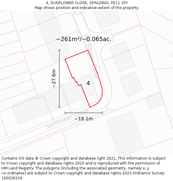 4, SUNFLOWER CLOSE, SPALDING, PE11 1PY: Plot and title map