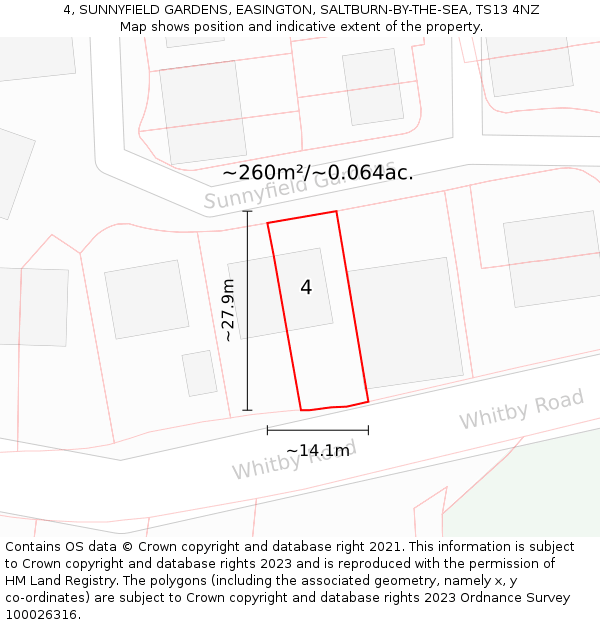 4, SUNNYFIELD GARDENS, EASINGTON, SALTBURN-BY-THE-SEA, TS13 4NZ: Plot and title map