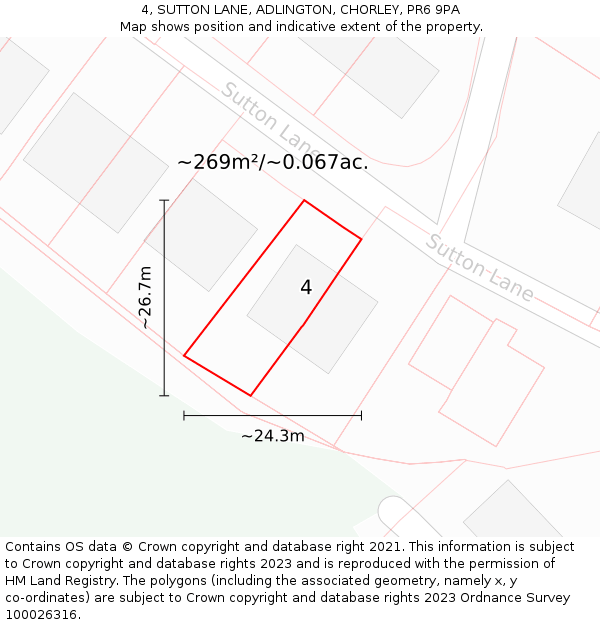 4, SUTTON LANE, ADLINGTON, CHORLEY, PR6 9PA: Plot and title map
