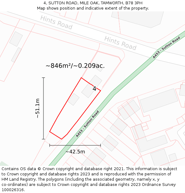 4, SUTTON ROAD, MILE OAK, TAMWORTH, B78 3PH: Plot and title map