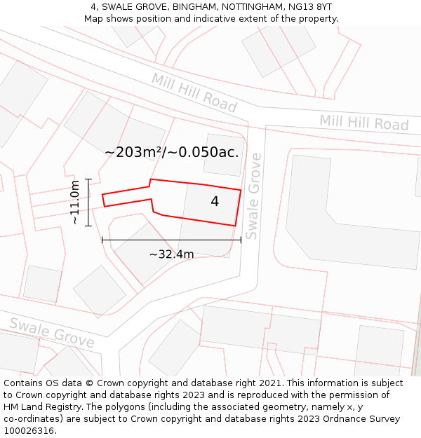4, SWALE GROVE, BINGHAM, NOTTINGHAM, NG13 8YT: Plot and title map