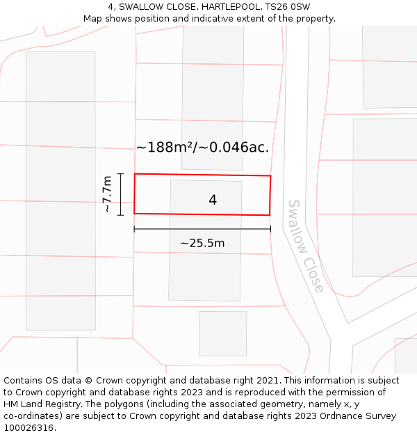 4, SWALLOW CLOSE, HARTLEPOOL, TS26 0SW: Plot and title map