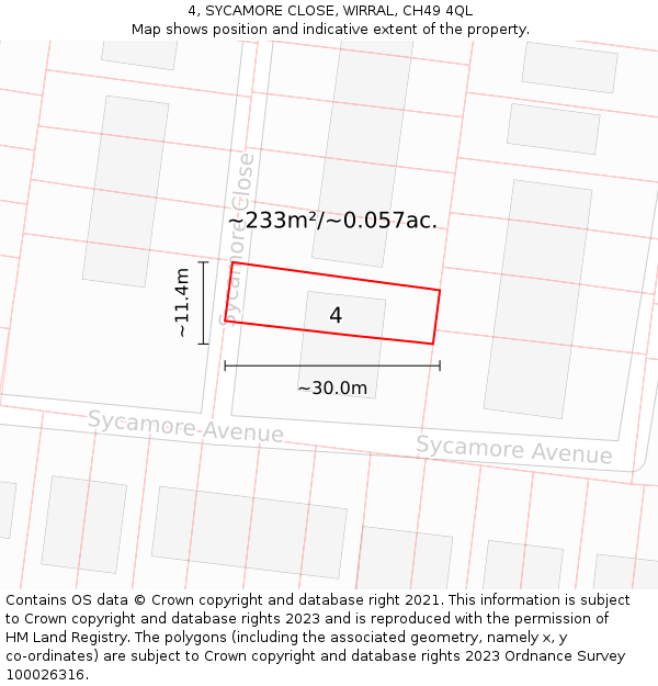 4, SYCAMORE CLOSE, WIRRAL, CH49 4QL: Plot and title map