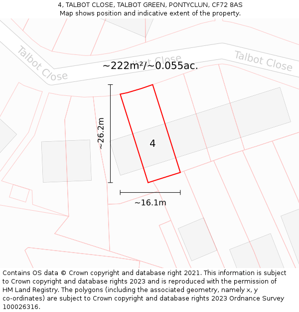 4, TALBOT CLOSE, TALBOT GREEN, PONTYCLUN, CF72 8AS: Plot and title map
