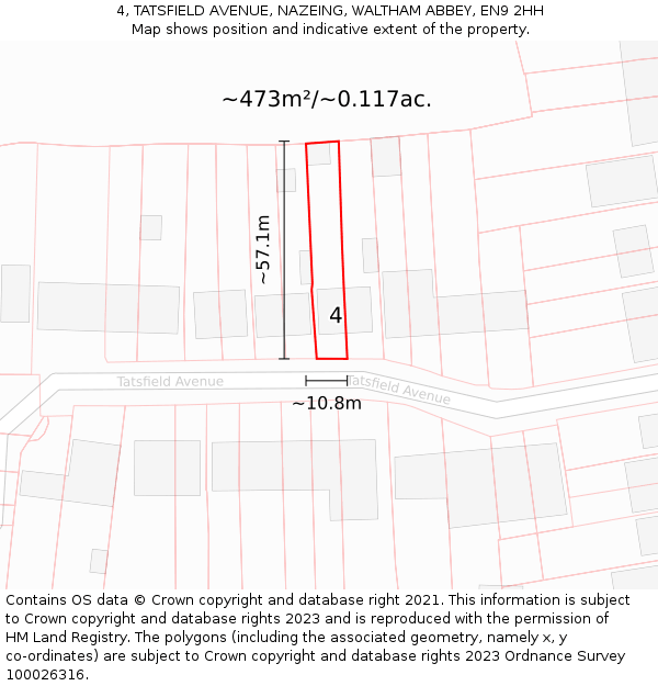 4, TATSFIELD AVENUE, NAZEING, WALTHAM ABBEY, EN9 2HH: Plot and title map