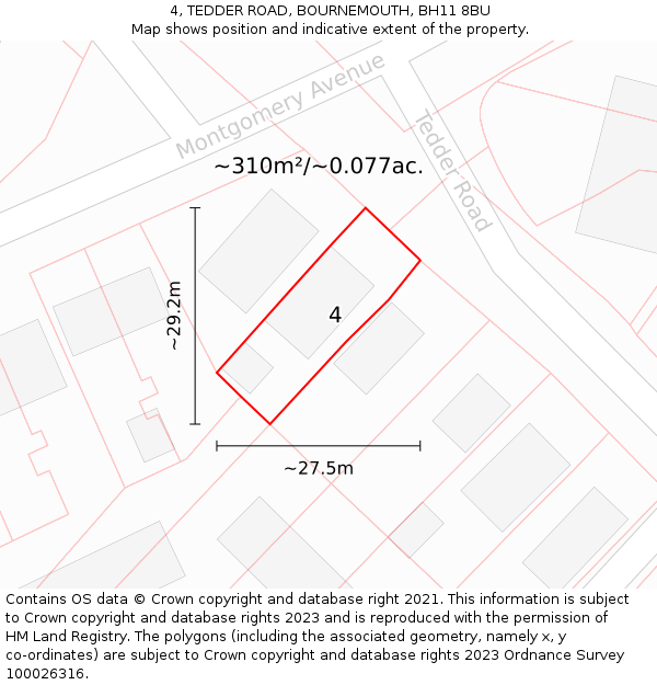 4, TEDDER ROAD, BOURNEMOUTH, BH11 8BU: Plot and title map