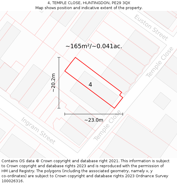 4, TEMPLE CLOSE, HUNTINGDON, PE29 3QX: Plot and title map